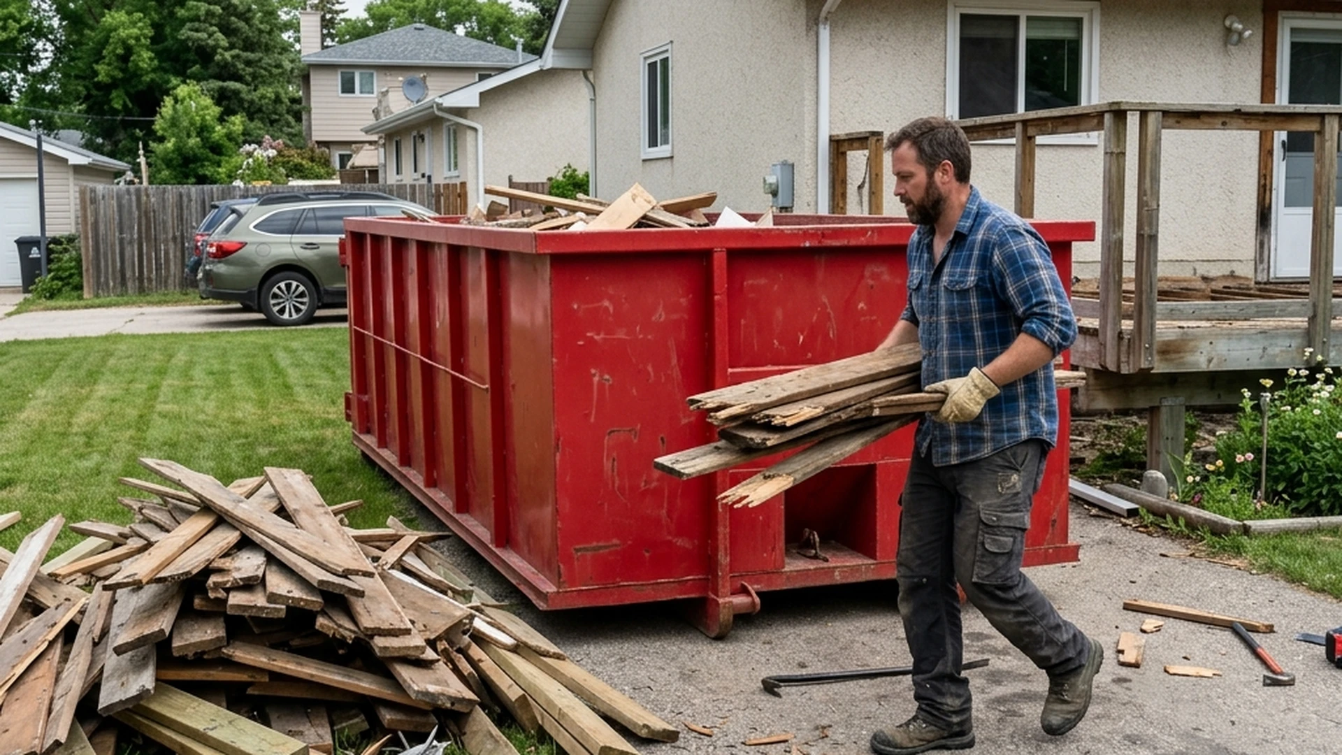 Plain red waste bin on Winnipeg residential driveway beside pile of deck boards and pressure-treated framing from DIY deck removal