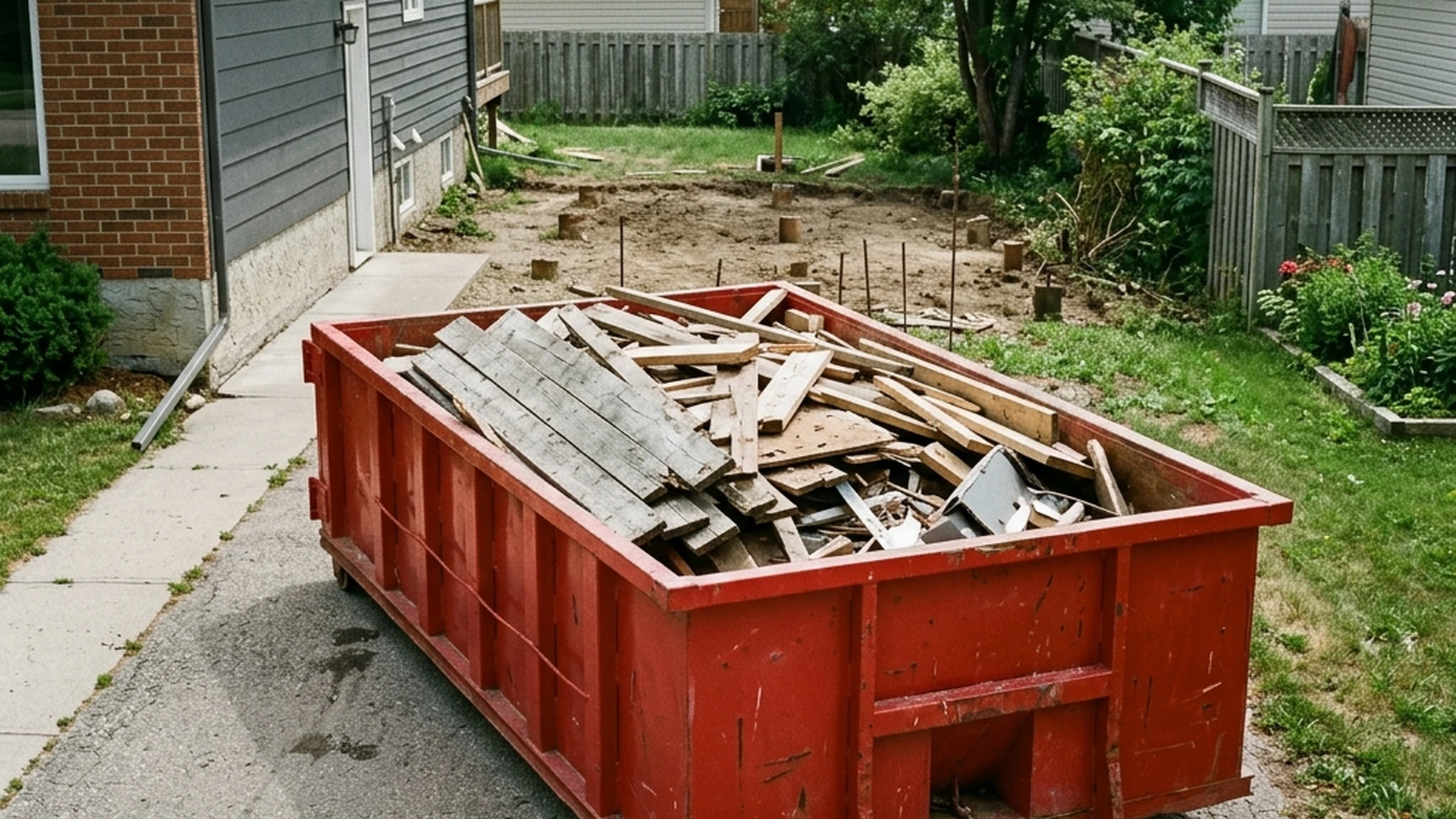 Plain red waste bin loaded with fence boards and old deck lumber on Winnipeg residential driveway ready for pickup after DIY removal
