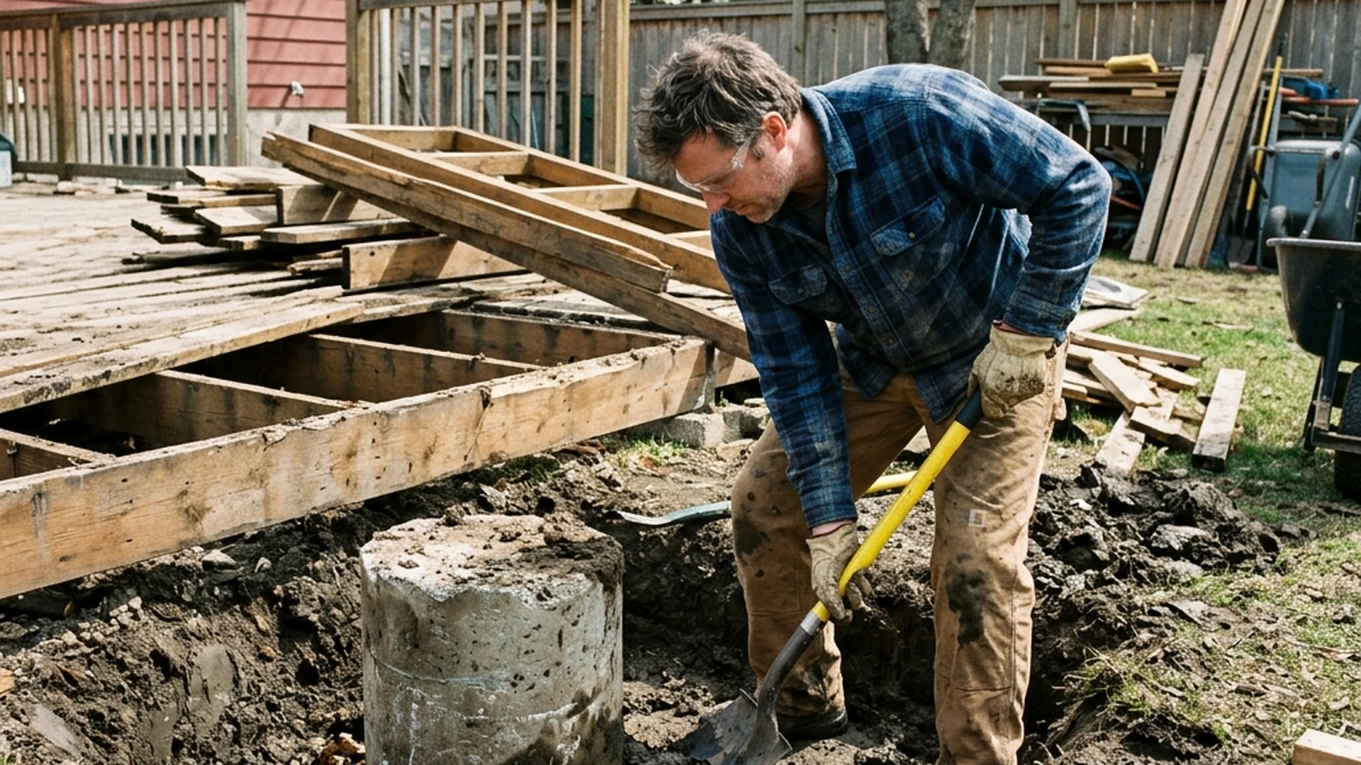 Homeowner removing concrete deck footings with pry bar during DIY deck demolition in Winnipeg backyard