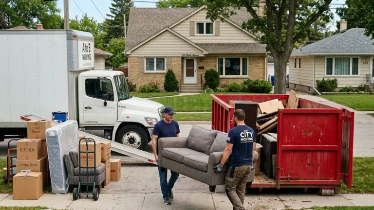 Moving day bin rental Winnipeg plain red waste bin on residential driveway alongside moving truck during summer move
