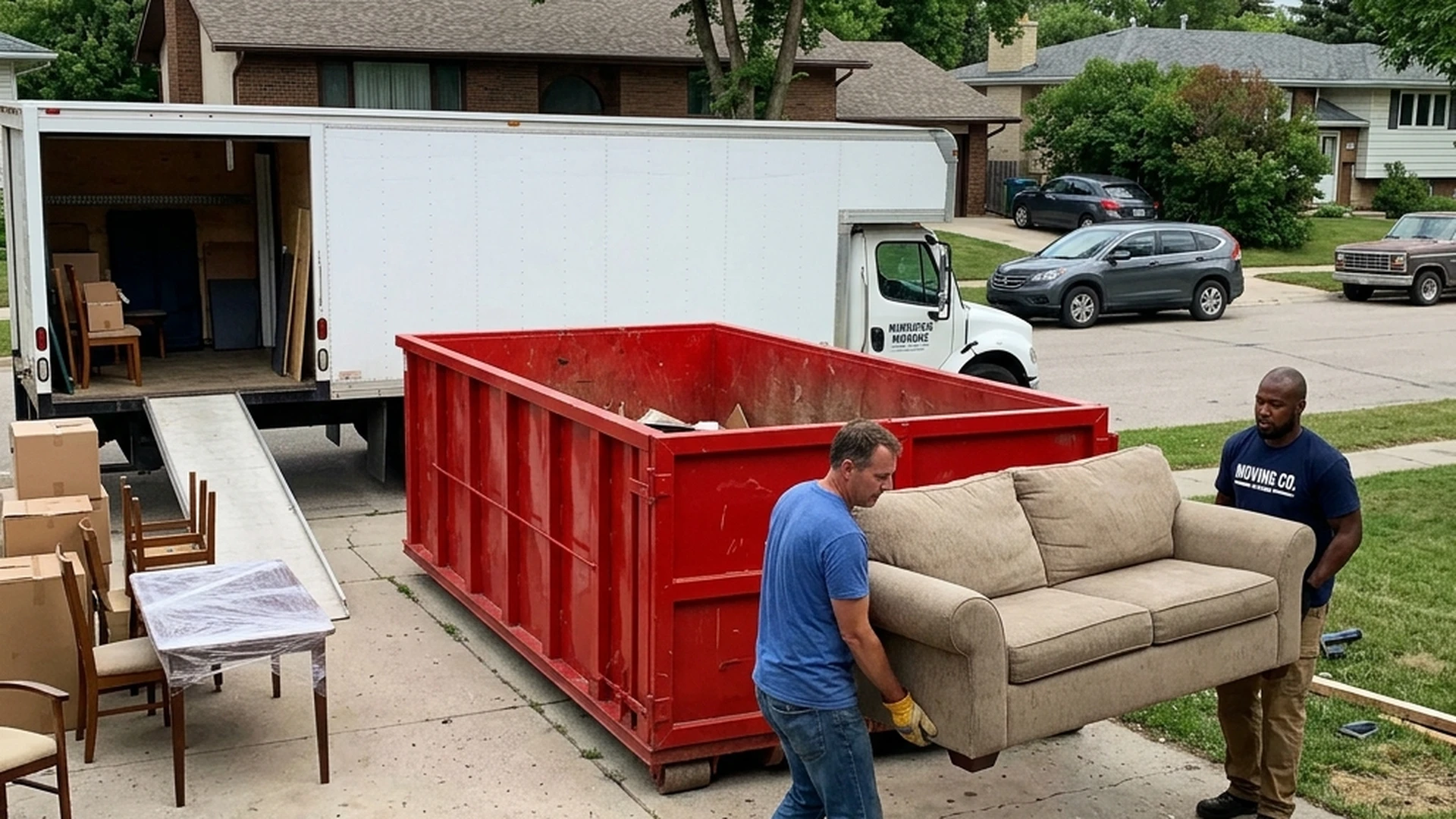 Plain red waste bin on Winnipeg residential driveway on moving day alongside moving truck and household furniture being loaded