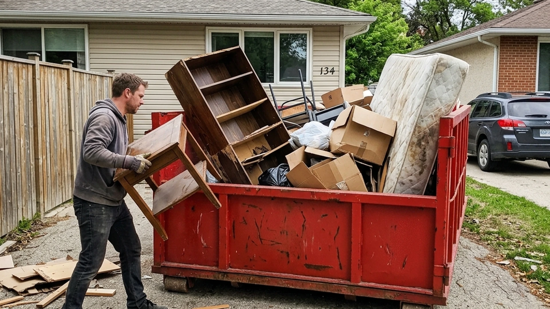 Red waste bin on Winnipeg driveway during move out showing furniture and household items being loaded by homeowner