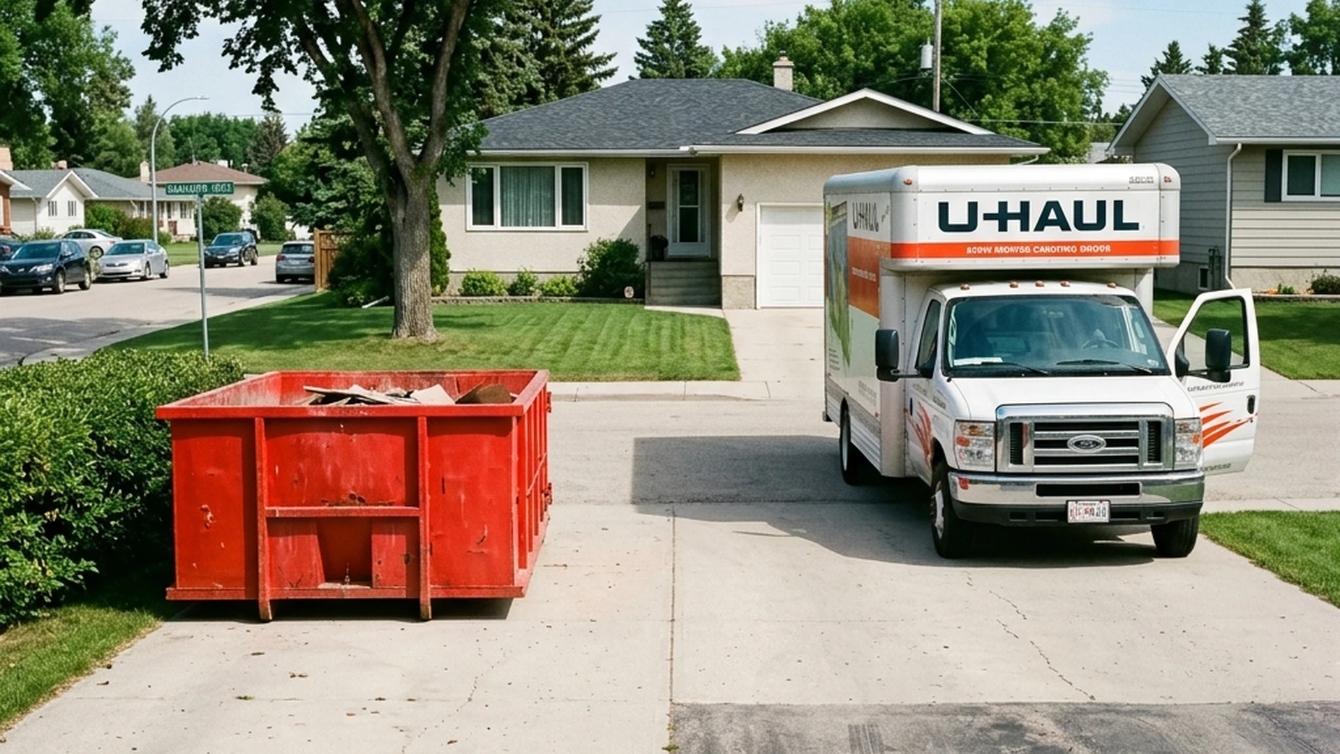 Plain red waste bin placed on Winnipeg driveway on moving day with clear space for moving truck access and loading zone