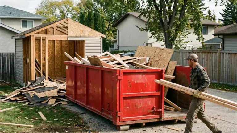 Shed demolition bin rental Winnipeg plain red waste bin with framing lumber and roofing material being loaded