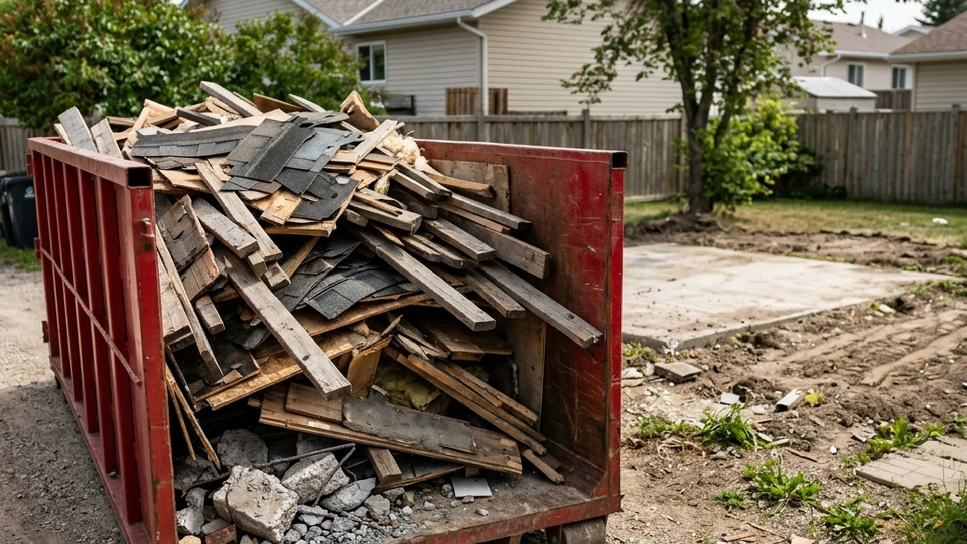 Plain red waste bin fully loaded with shed demolition materials including lumber shingles and broken concrete on Winnipeg property