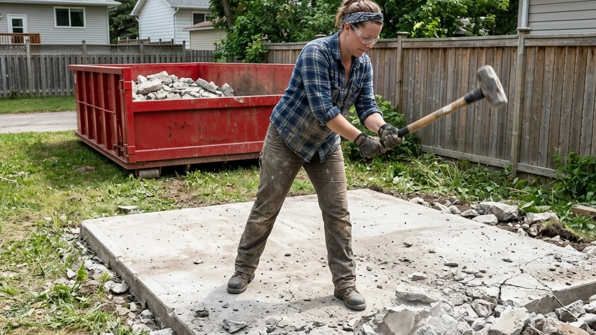 Homeowner breaking up concrete shed pad with sledgehammer in Winnipeg backyard during shed demolition project