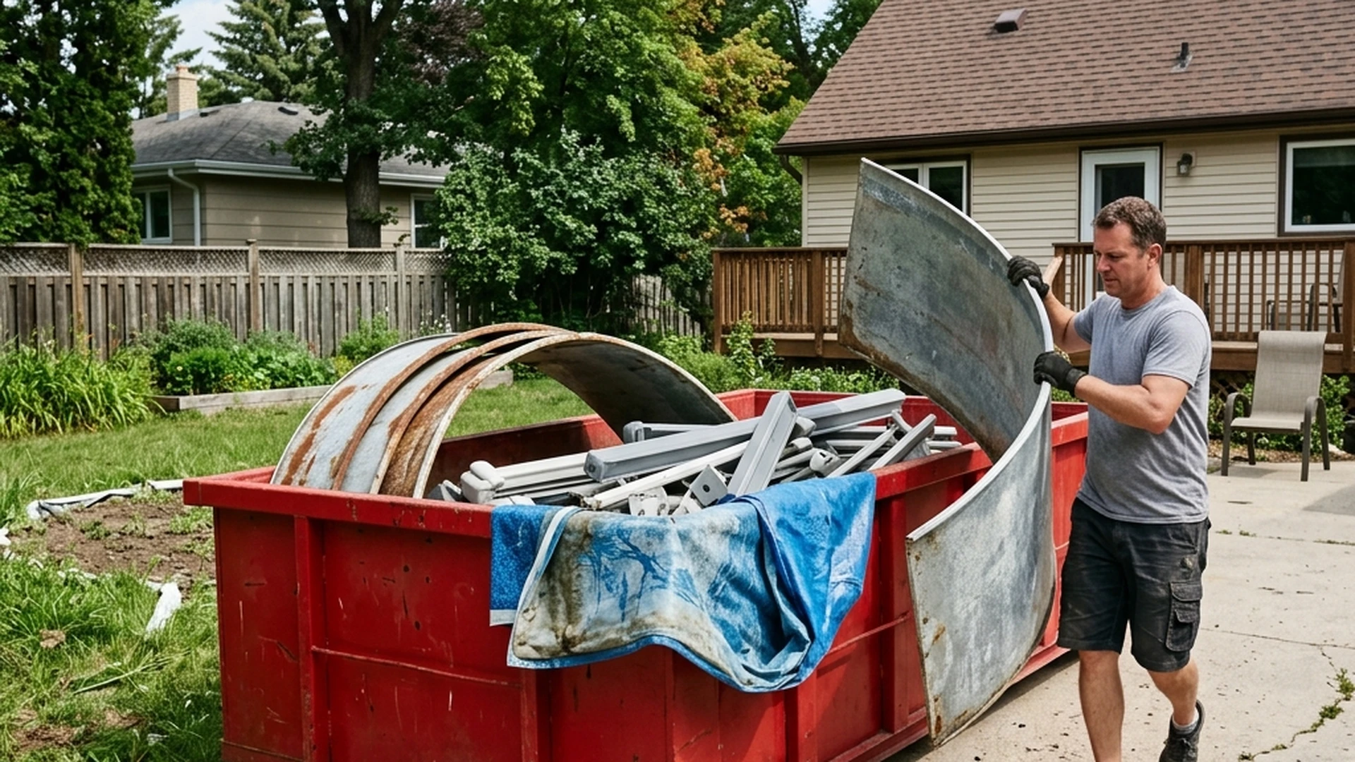Plain red waste bin loaded with above ground pool metal panels vinyl liner and resin components on Winnipeg property