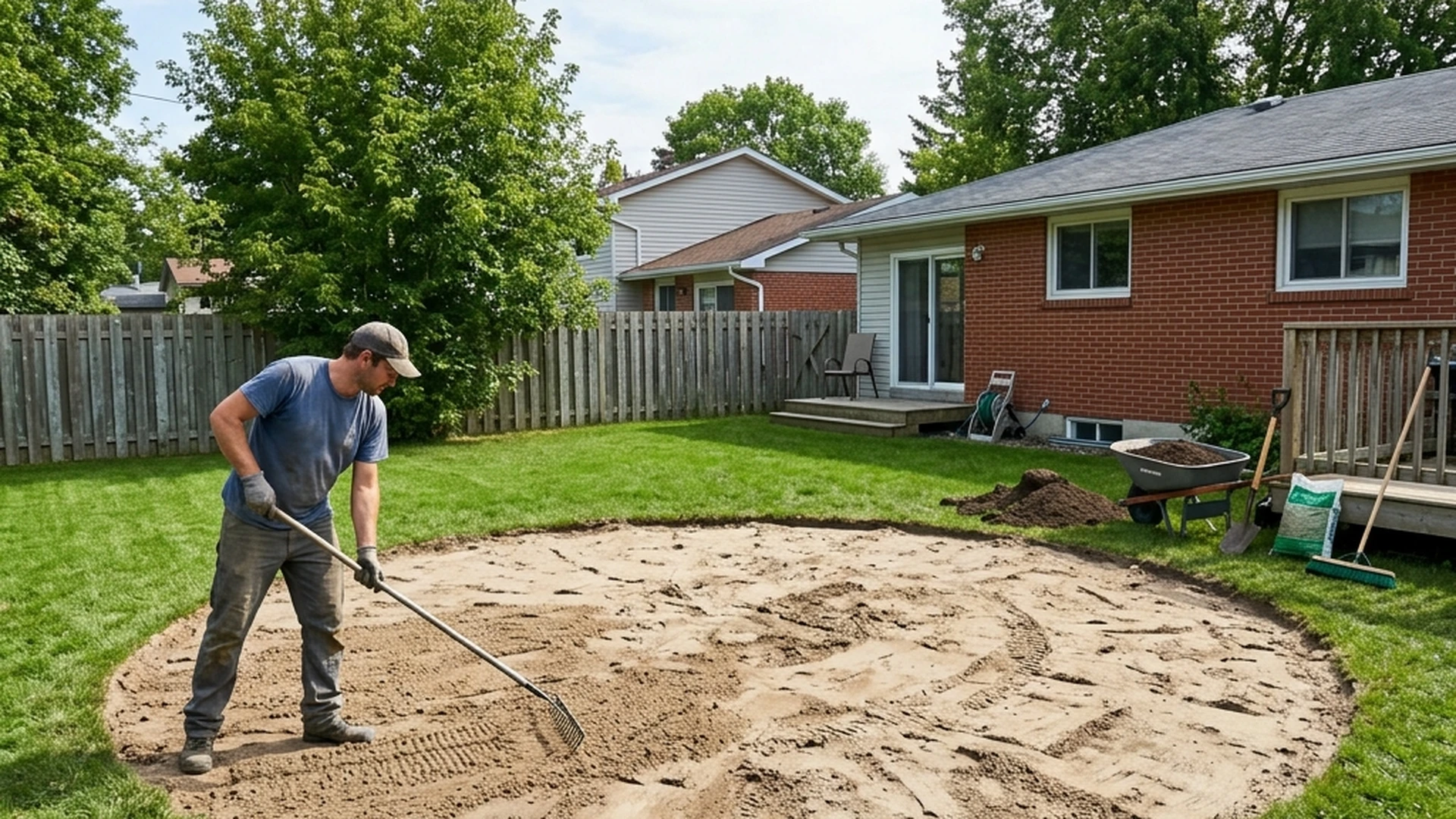 Above ground pool site in Winnipeg backyard with sand base being raked level after pool removal for lawn restoration