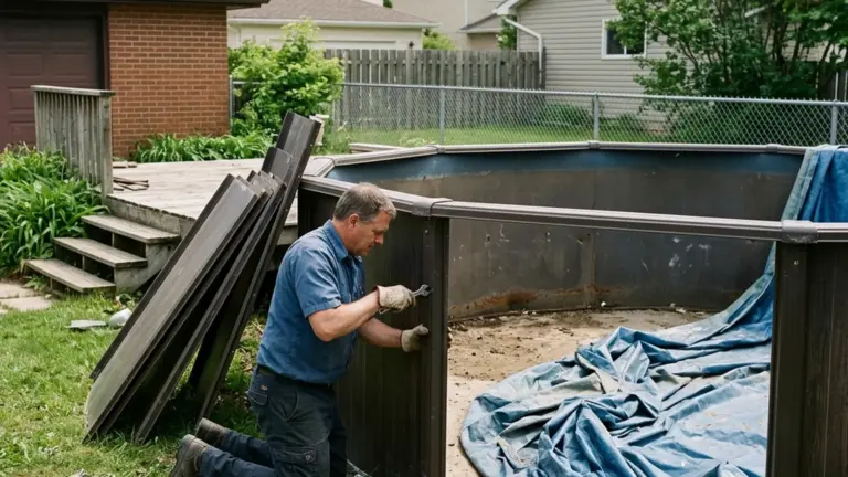 Above-ground pool removal Winnipeg teardown with metal frame and liner disposal in bin rental