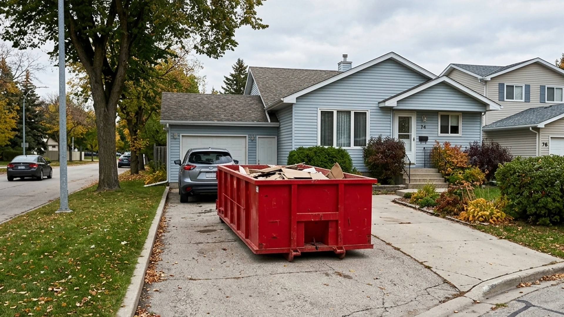 Plain red waste bin placed on Winnipeg residential driveway showing permit-free private property placement for bin rental