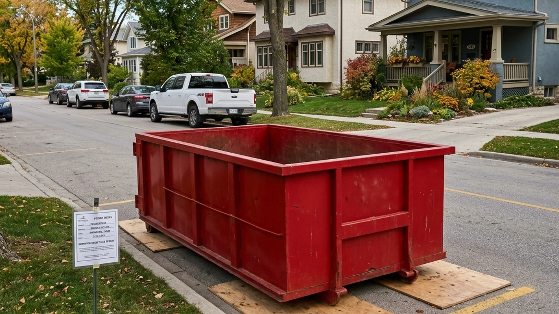 Plain red waste bin on Winnipeg street with permit sign visible showing proper street placement with Use of Street permit compliance