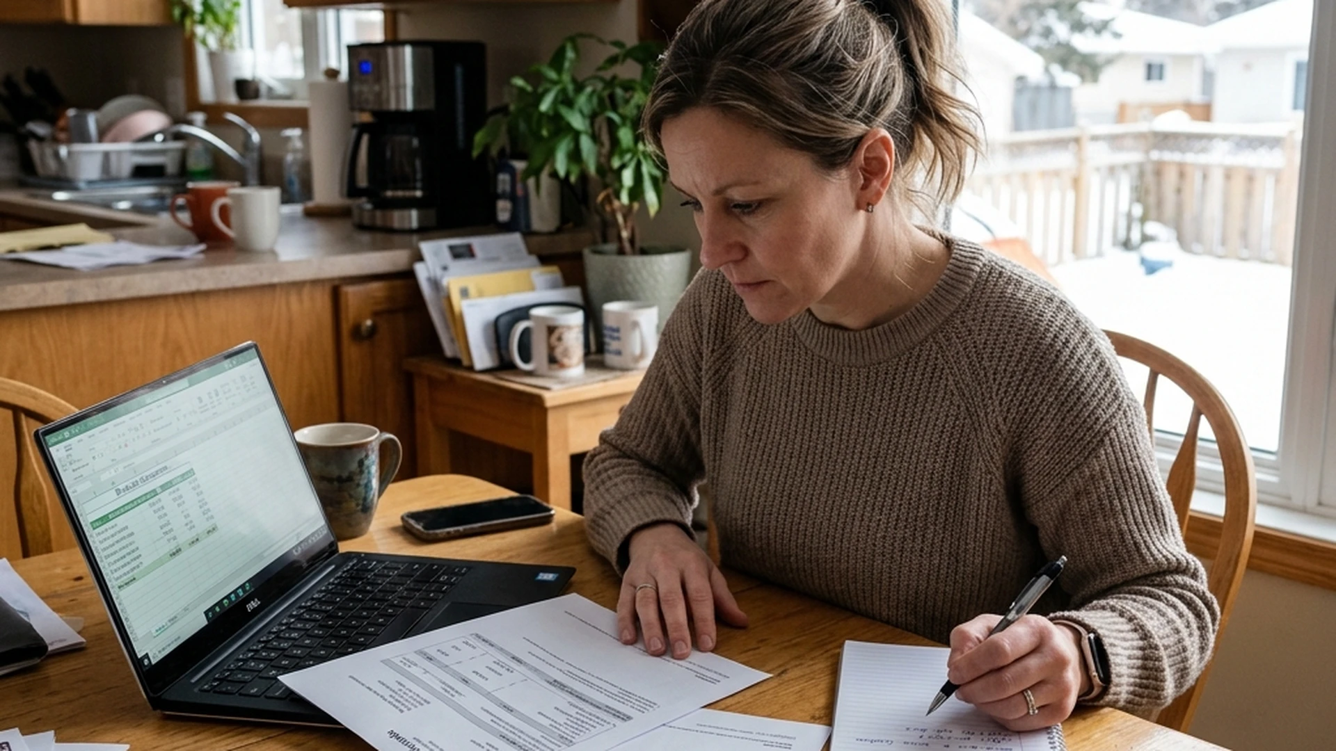 Homeowner reviewing bin rental quote and calculating total cost including tipping fees and rental days at kitchen table