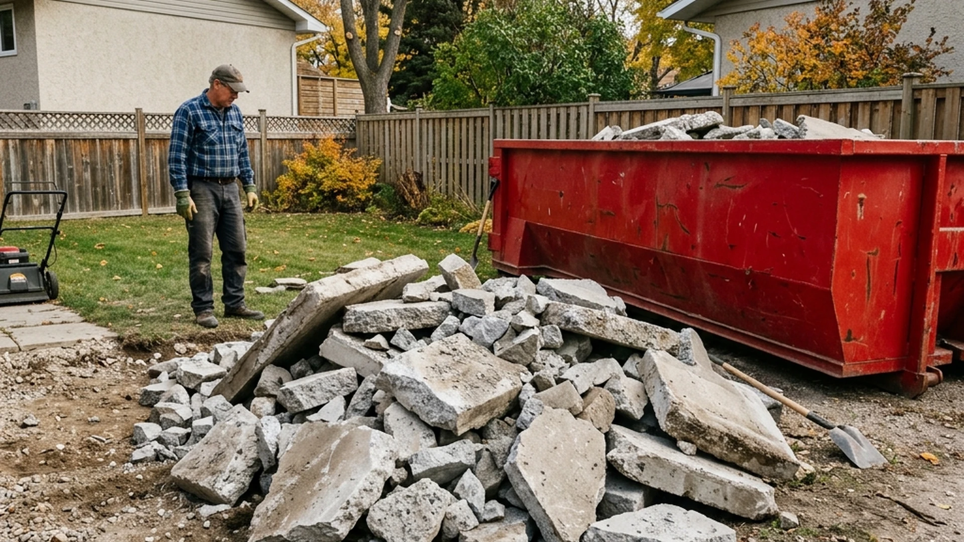 Concrete disposal Winnipeg broken patio slab rubble with plain red waste bin and recycling destination guide