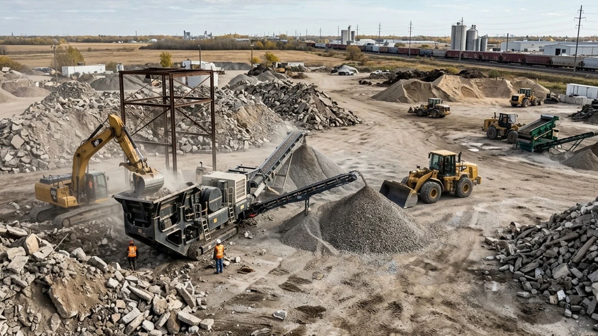 Concrete recycling yard in Winnipeg processing crushed concrete rubble into reusable road base aggregate