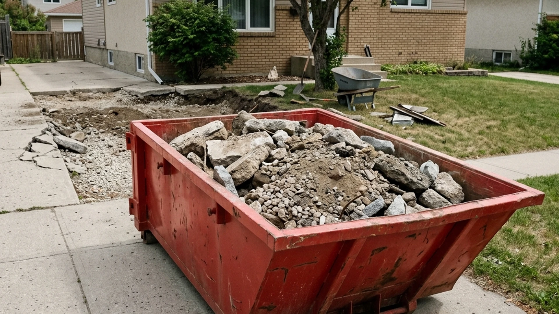 Plain red waste bin loaded with mixed concrete driveway removal debris on Winnipeg residential property showing heavy material load