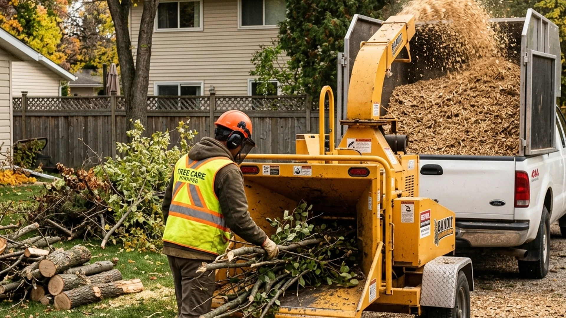 Elm wood being chipped on site in Winnipeg backyard as approved disposal method under Manitoba Forest Health Protection Act
