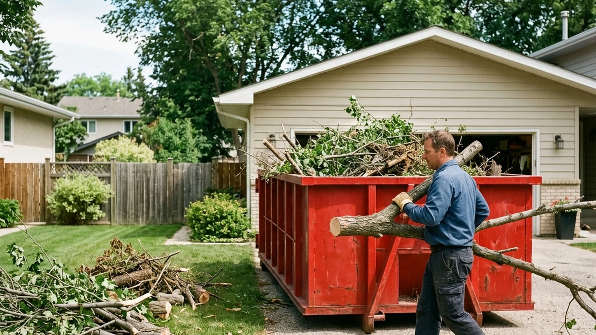 Tree branch removal waste Winnipeg bin rental with branches and brush loaded during residential tree removal