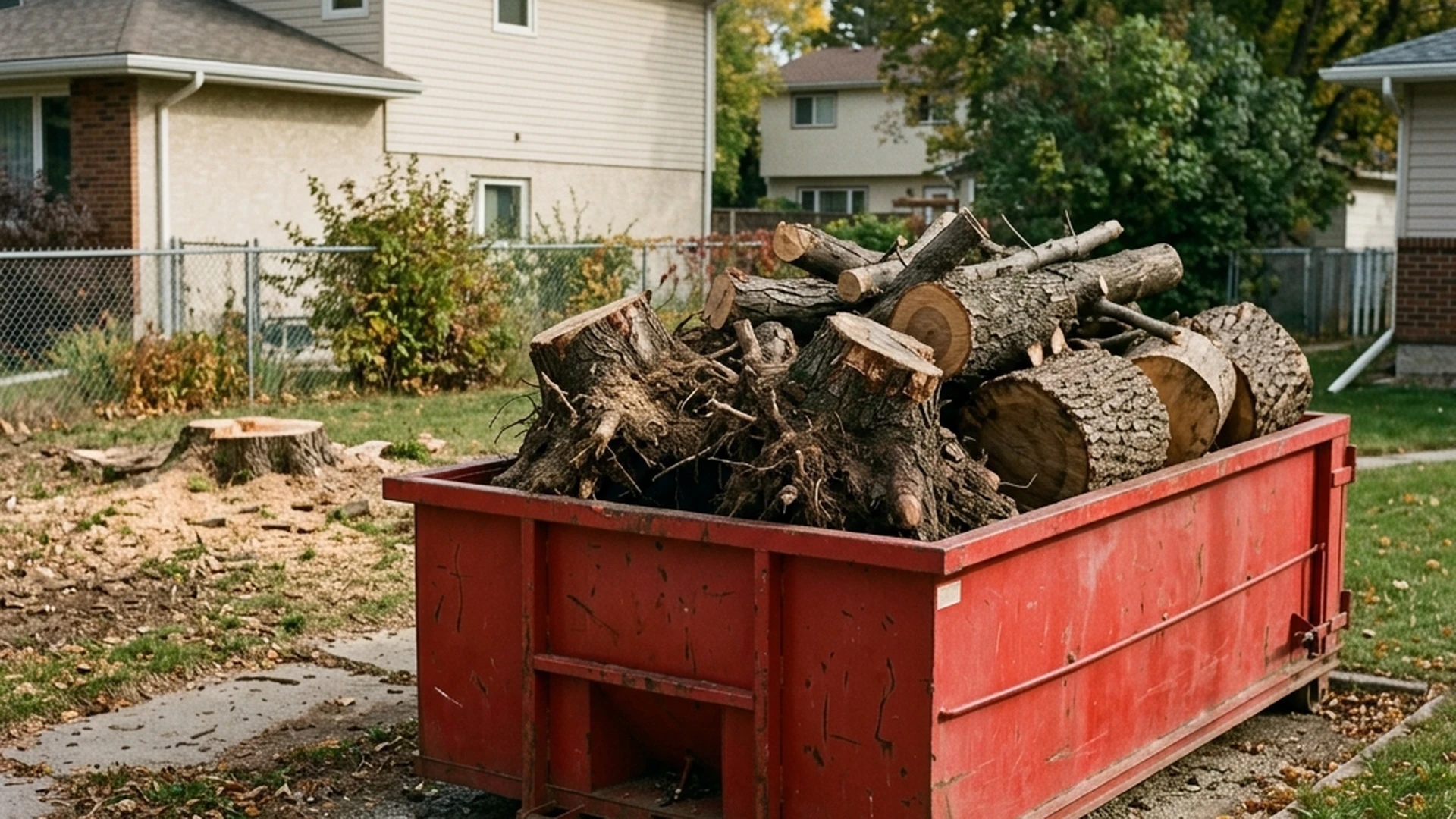 Plain red waste bin loaded with tree stumps and heavy branches on Winnipeg property showing weight considerations for tree removal