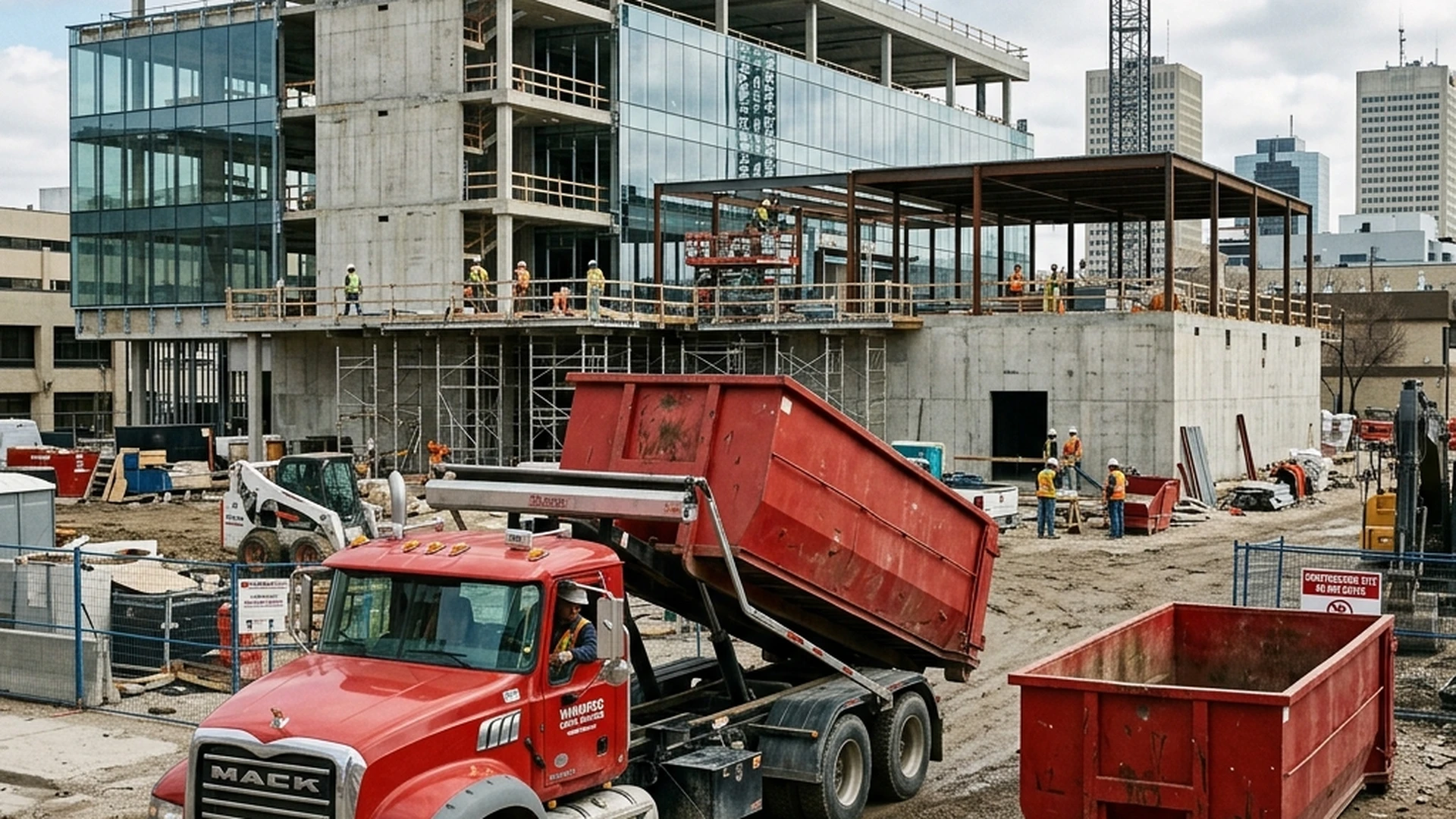 Multiple bin exchange at active Winnipeg commercial construction job site showing scheduled swap of full bin for empty one