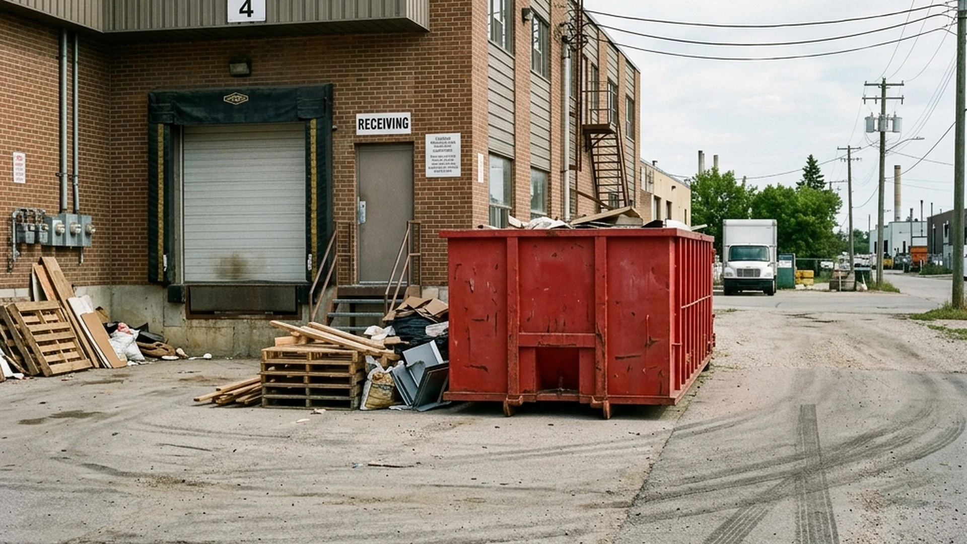 Large 20 yard roll off bin at Winnipeg commercial construction site showing loading dock access and site placement