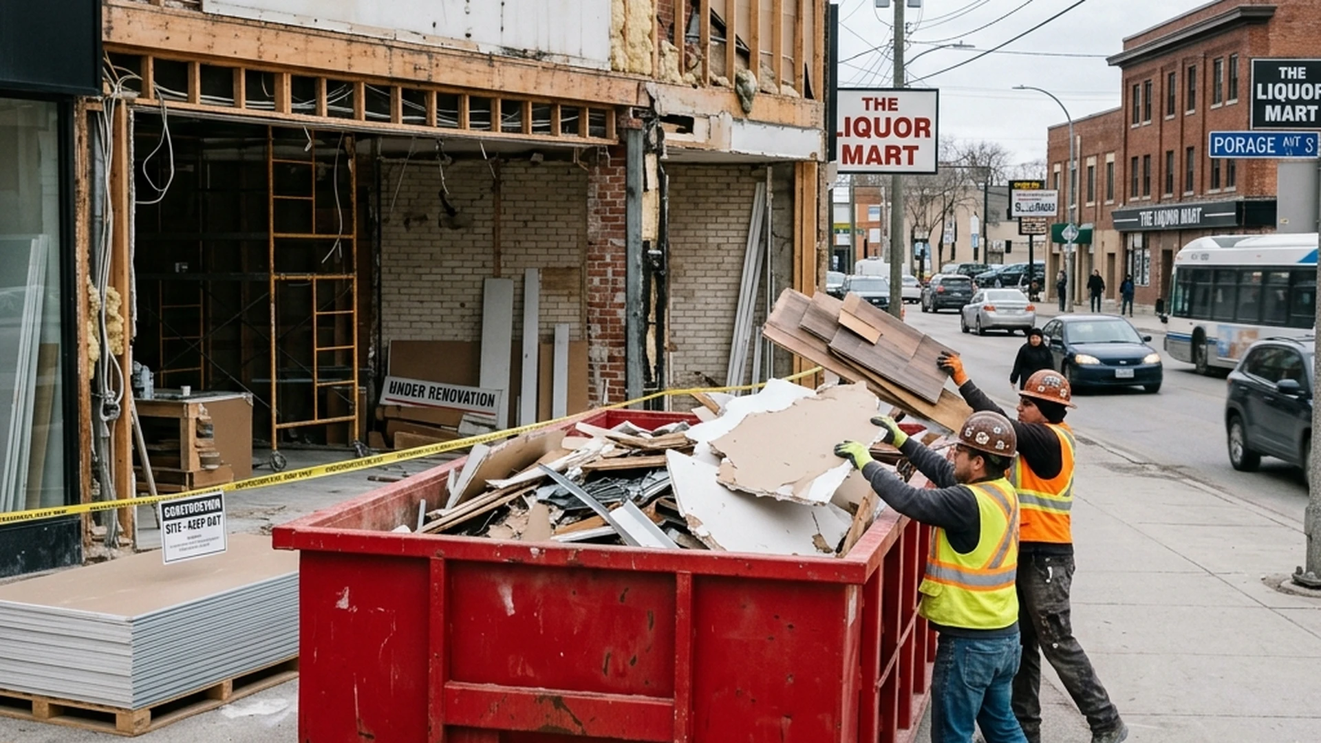 Commercial bin rental Winnipeg roll-off bin at retail renovation and business job site