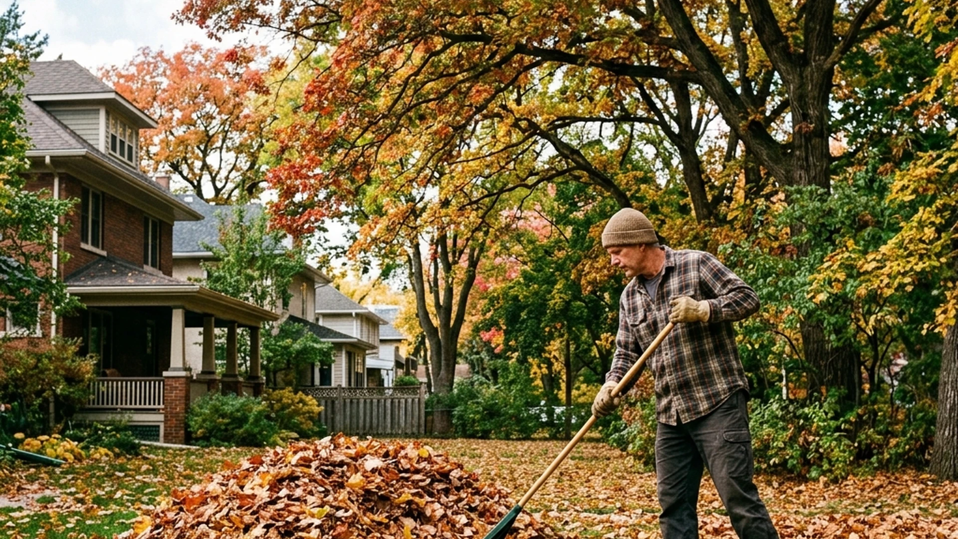 Homeowner raking large volume of fall leaves from mature tree canopy into pile in Winnipeg yard exceeding curbside collection limits