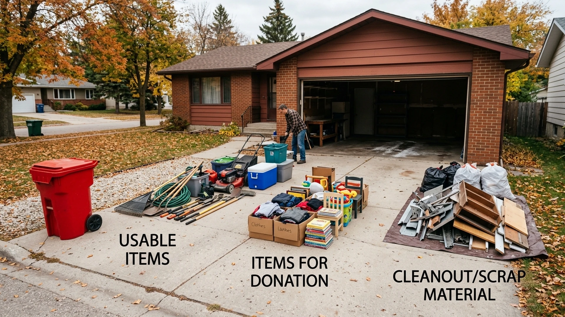 Winnipeg garage contents pulled onto driveway and sorted into separate piles during cleanout
