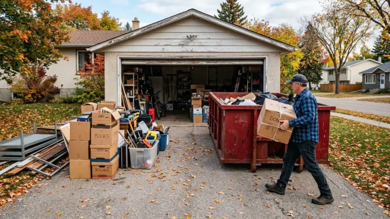 Garage cleanout bin rental Winnipeg driveway with sorted items before winter storage season