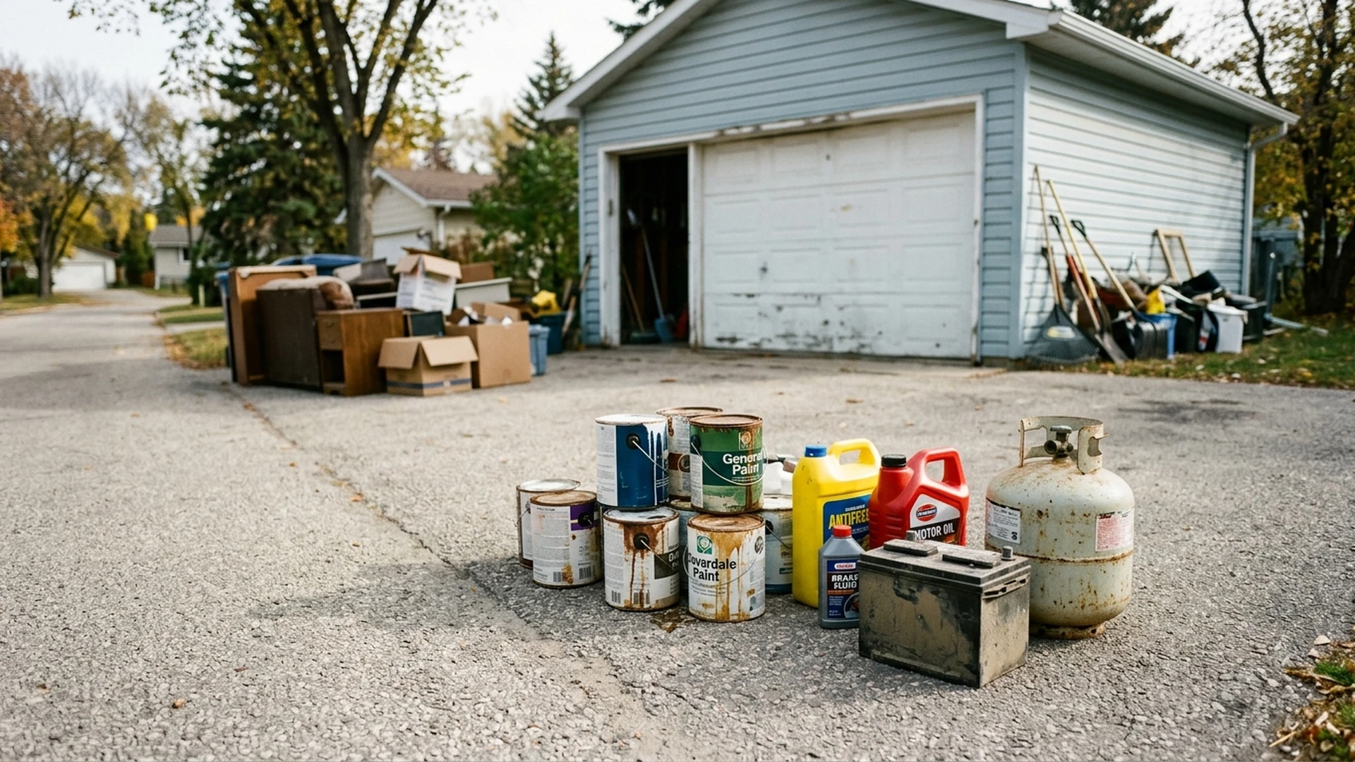 Separated pile of paint cans automotive chemicals and batteries set aside from a Winnipeg garage cleanout
