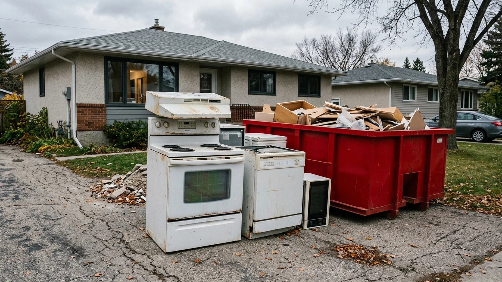 Old kitchen appliances removed and staged in a Winnipeg driveway during a kitchen renovation