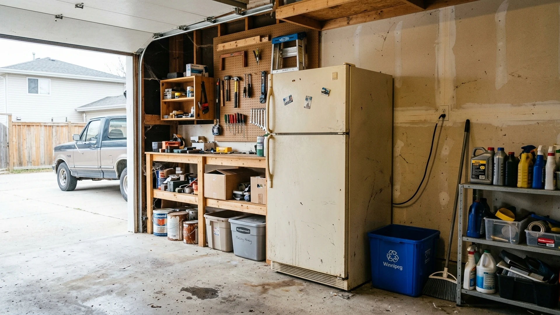 Old garage refrigerator still plugged in and running at a Winnipeg home before scheduled free pickup