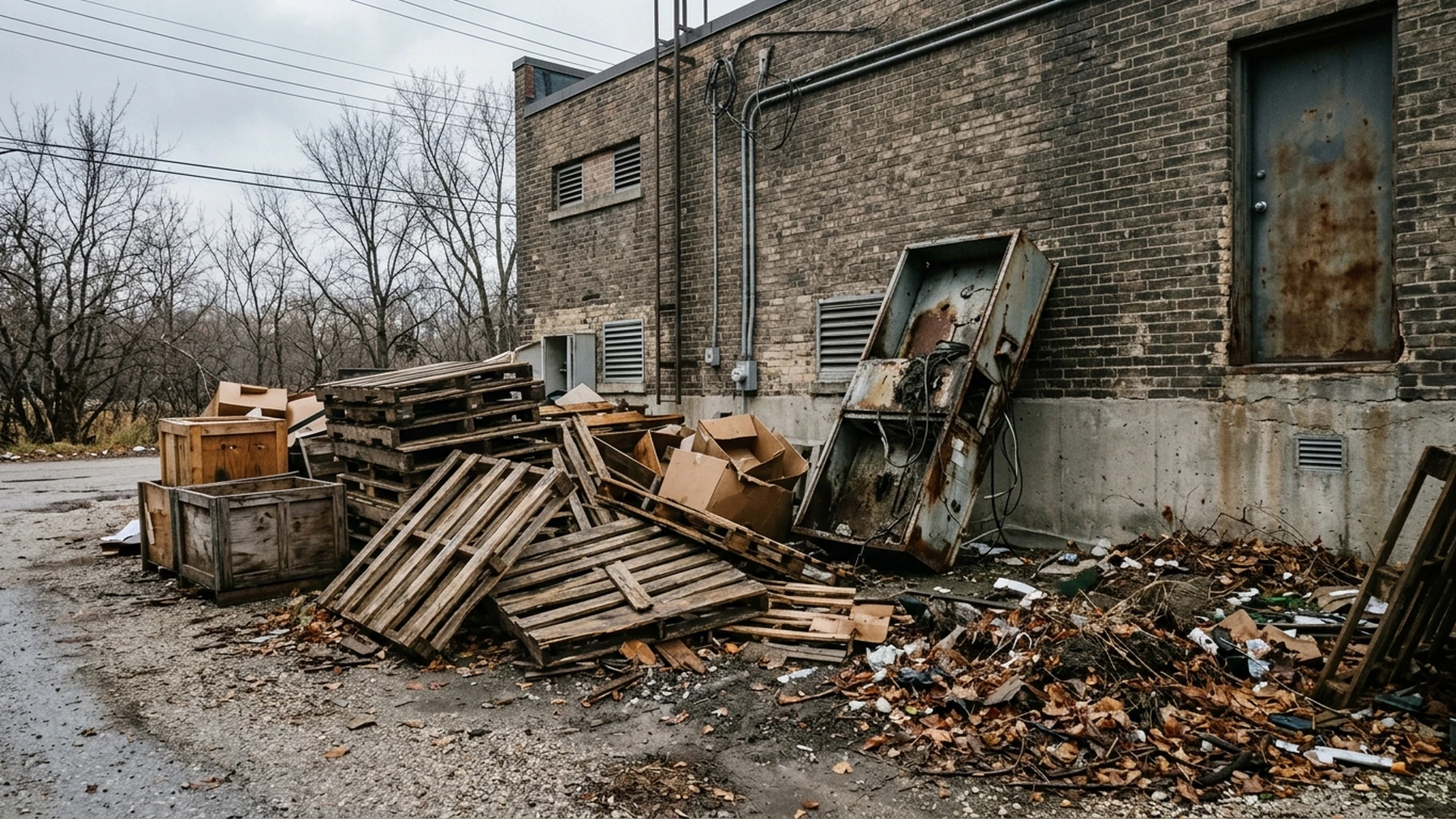 Accumulated pallets and material behind a Winnipeg commercial building found during a pre-winter site walk