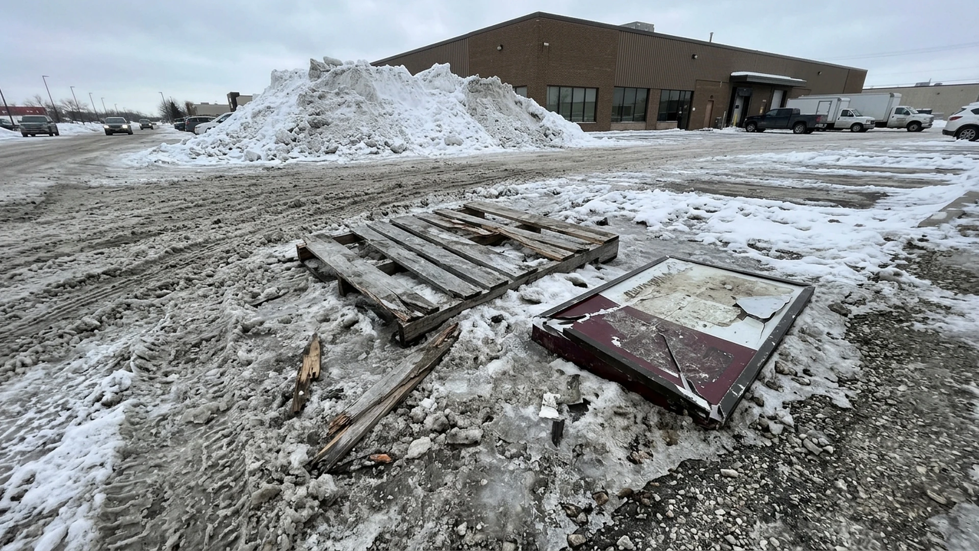 Debris frozen into the ice layer at the edge of a plowed Winnipeg commercial lot in late winter