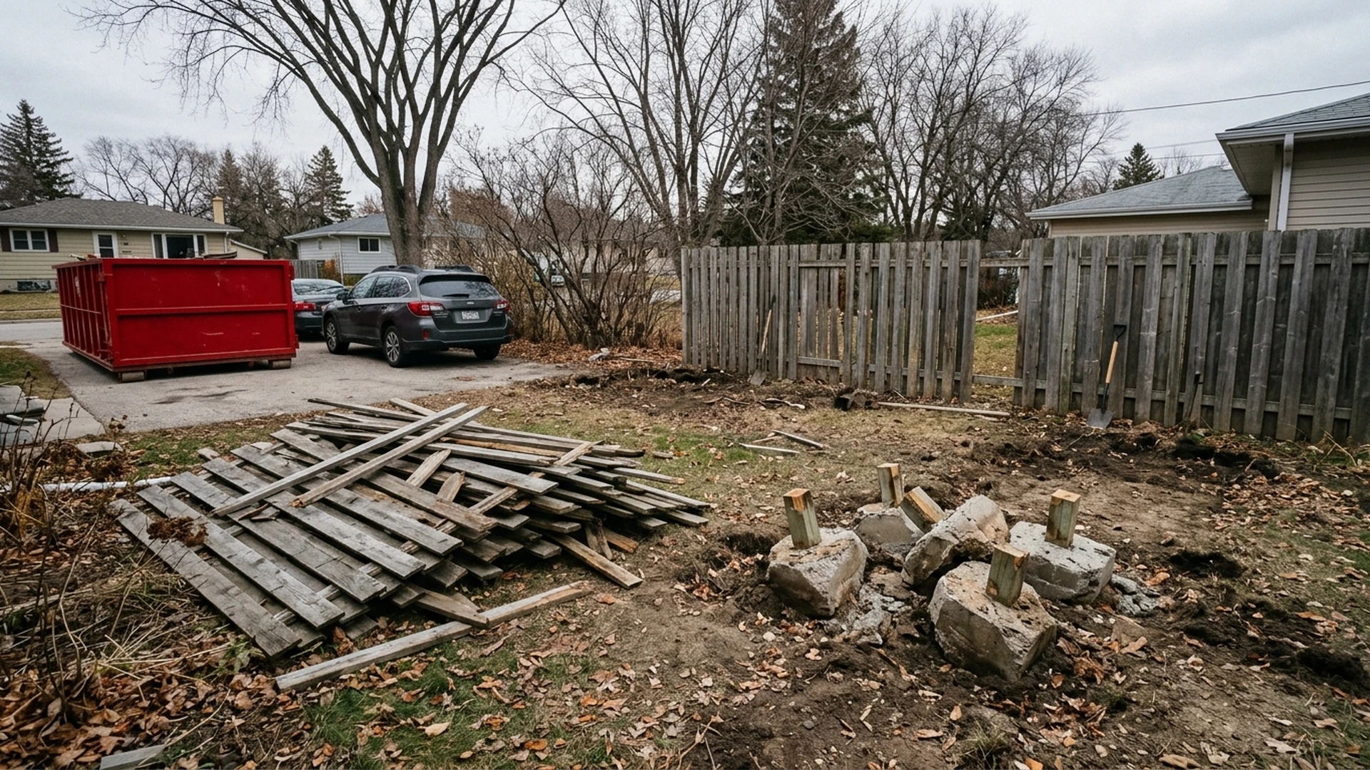 Fence removal waste Winnipeg old boards and concrete footings loaded into rental bin