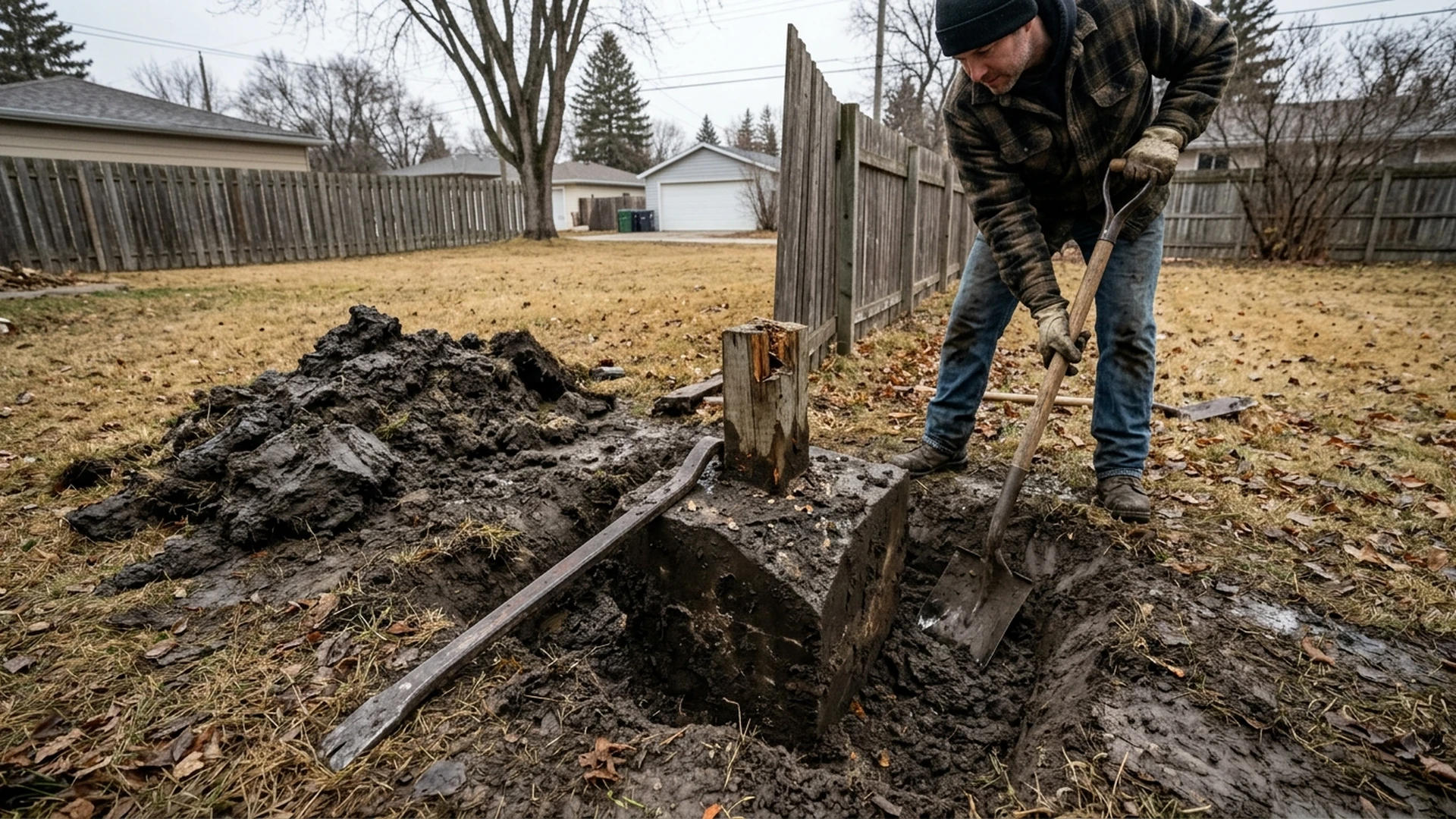 Concrete fence post footing being dug out of unfrozen ground in a Winnipeg yard