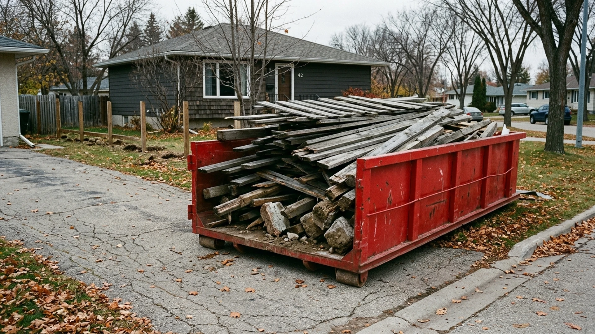 Plain red waste bin loaded with fence boards and concrete footings on a Winnipeg driveway