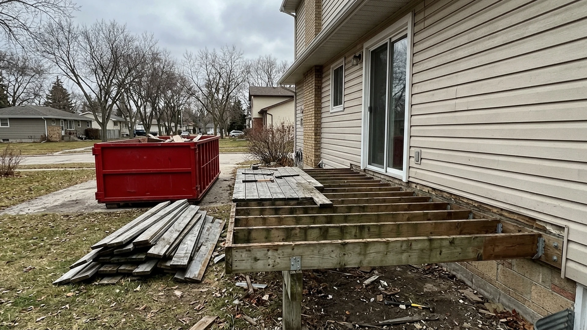 Deck demolition and removal Winnipeg showing exposed ledger area and rental bin