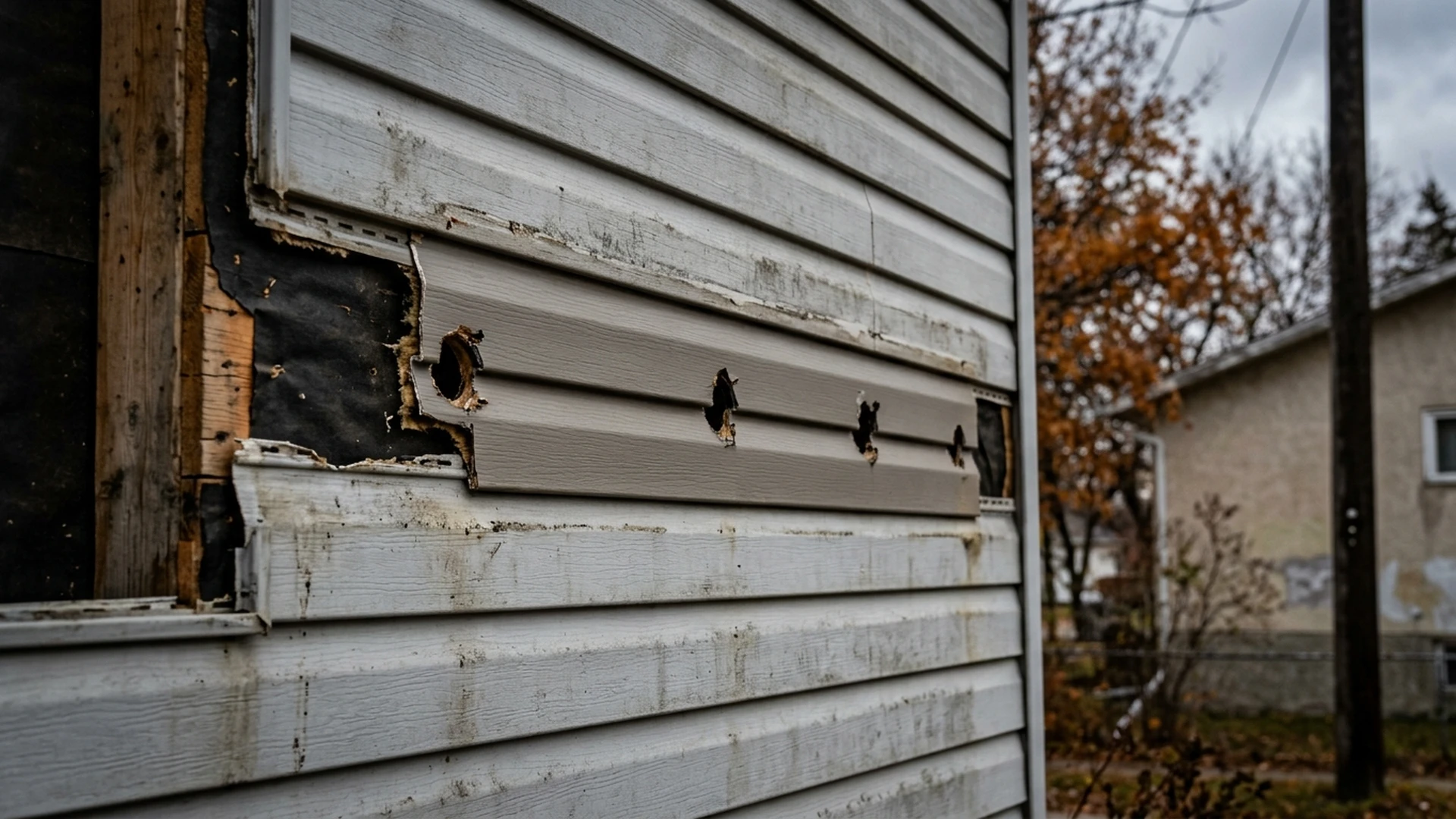 Exposed house wall behind a removed deck ledger board showing bolt holes and siding gaps in Winnipeg