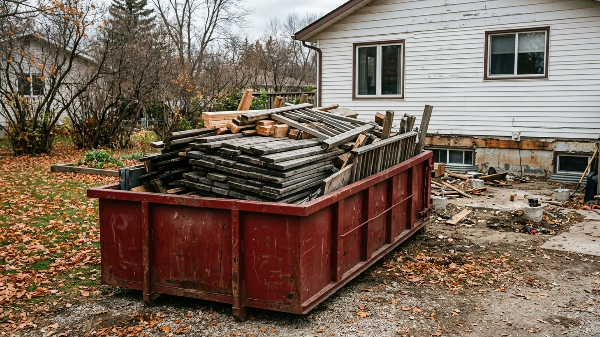 Plain red waste bin loaded with broken-down deck boards framing and railing sections in Winnipeg