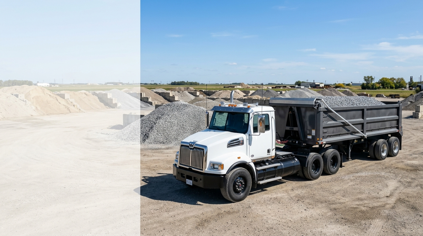 White tandem dump truck at a bulk material yard.