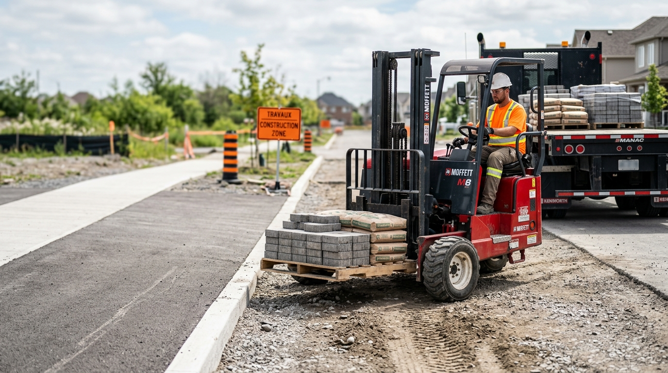 Moffett truck-mounted forklift moving a pallet of materials beside a delivery truck.
