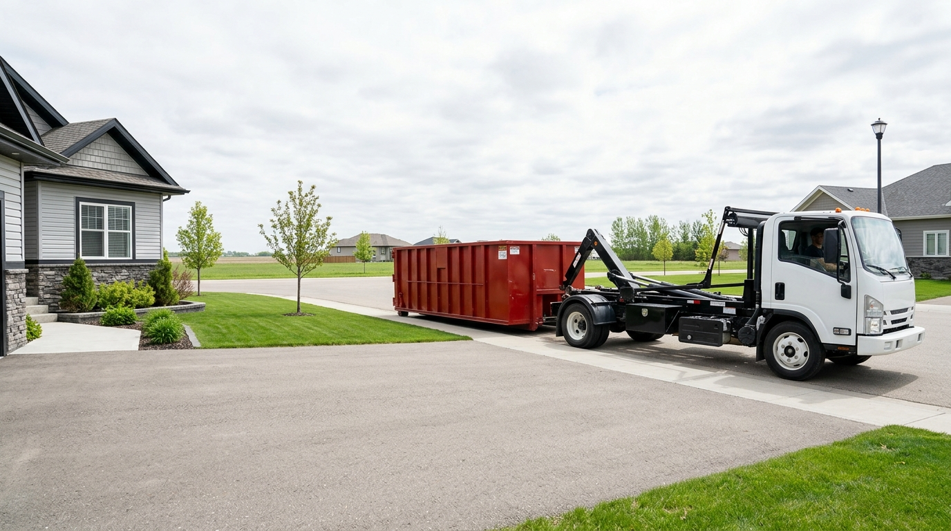 White roll-off truck beside a red rental bin on a residential driveway.