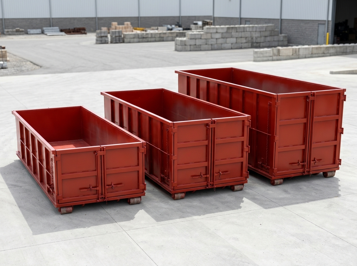Red 8-, 12- and 20-yard roll-off bins displayed side by side.