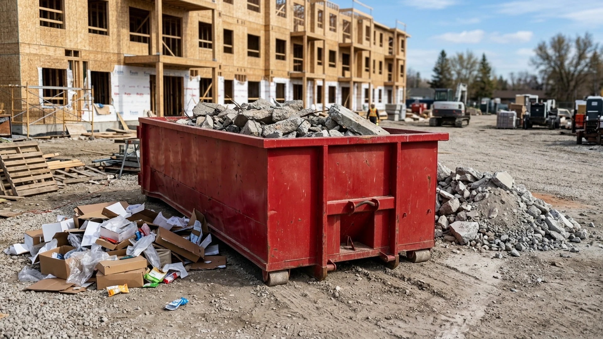 Clean broken concrete staged separately from light packaging waste beside a plain red roll-off bin on a Winnipeg construction site, heavy material loaded low