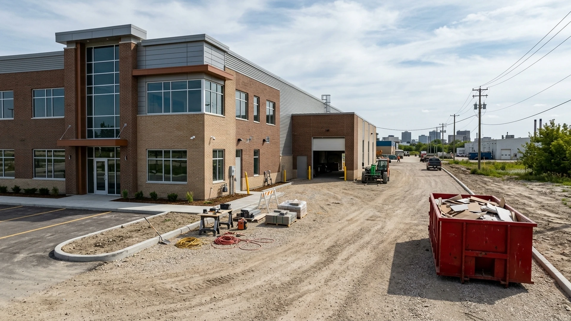 Nearly completed Winnipeg commercial building with clear truck access on gravel, a plain red roll-off bin containing light trade waste below its rim, tidy finishing work area
