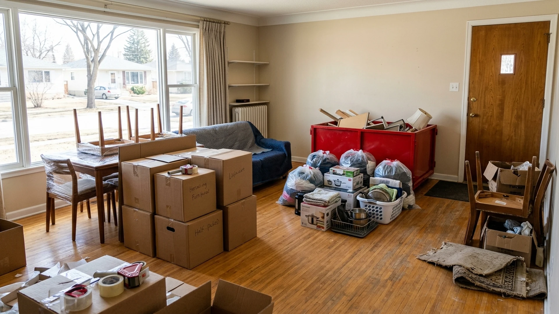 Household items sorted into keep, donate and bin groups in a Winnipeg living room during a move
