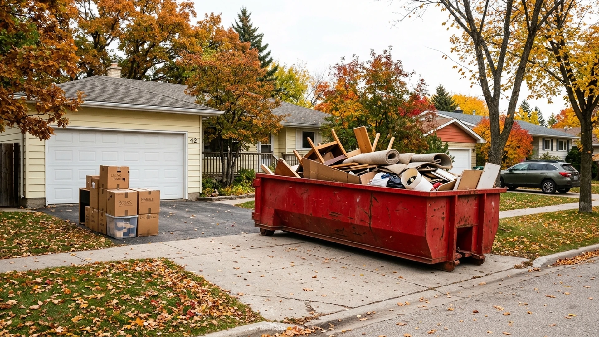 Plain red rental bin on a Winnipeg driveway filled with furniture and household items during a move
