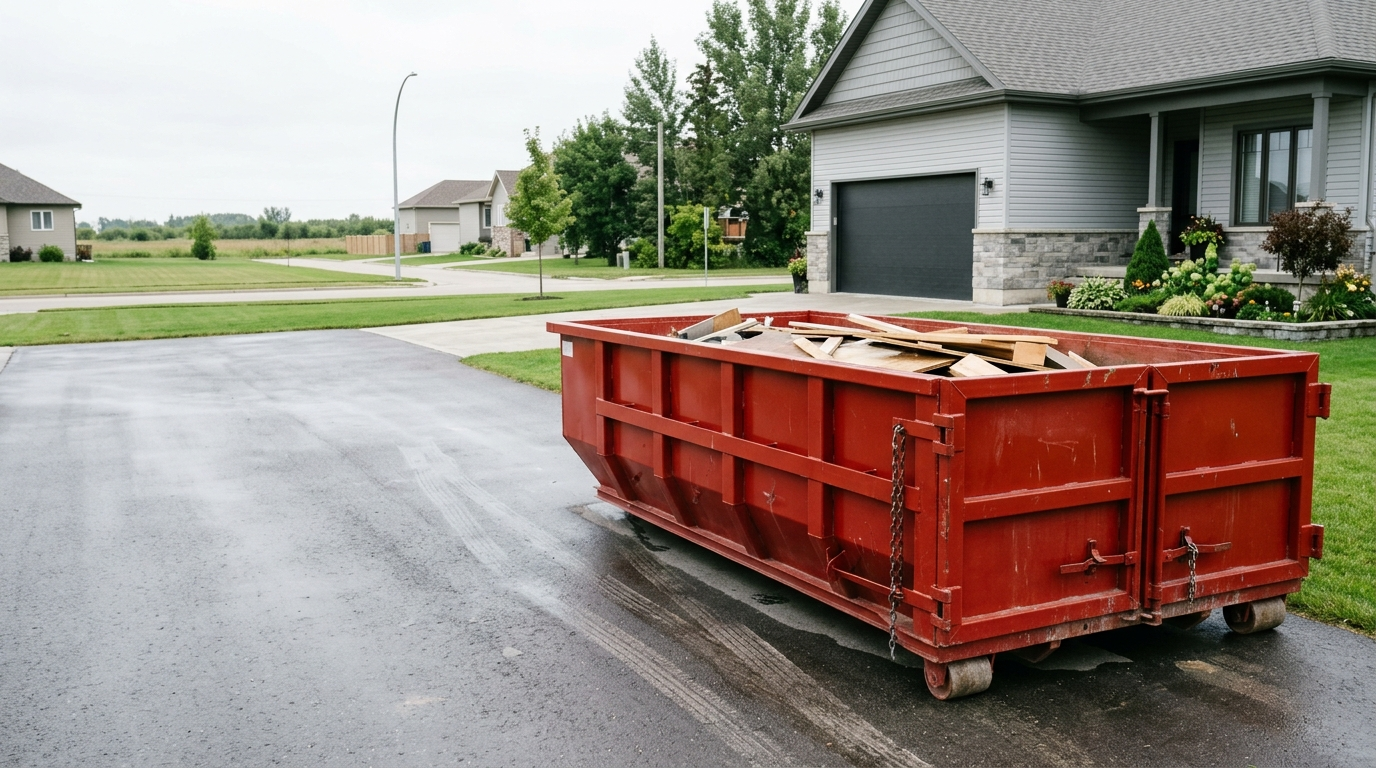 Red open-top roll-off bin on a driveway outside a detached home.
